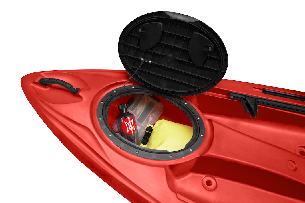 Open hatch on red sit-on-top kayak