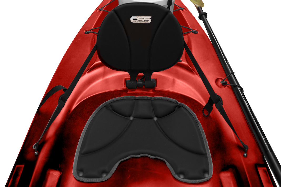 Black seat on red sit-on-top kayak