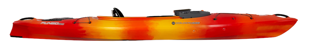 Side view of orange and yellow sit-in kayak