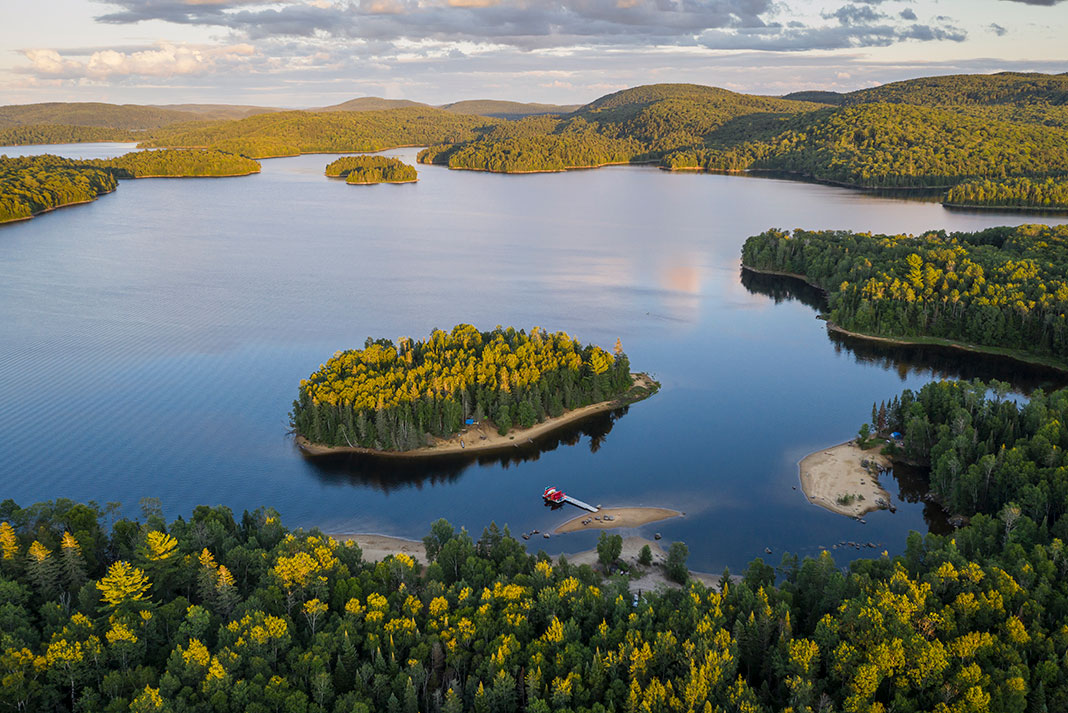 aerial view of a Quebec lake and lodge for kayak, canoe and SUP paddling trips