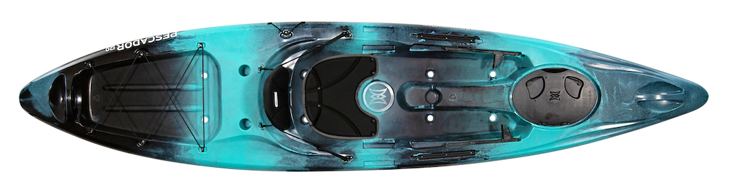 Top down view of blue and grey sit-on-top fishing kayak