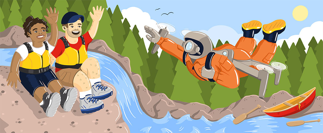 illlustration of two hikers being rescued by a flying man in an orange jumpsuit