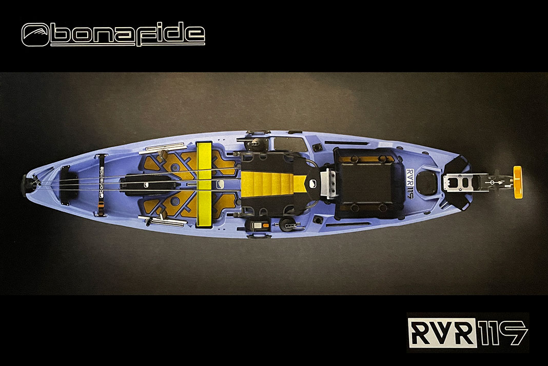 rendering of the upcoming Bonafide RVR 119 river fishing kayak