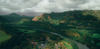 aerial photo of the Wailua River in Hawaii on a cloudy day