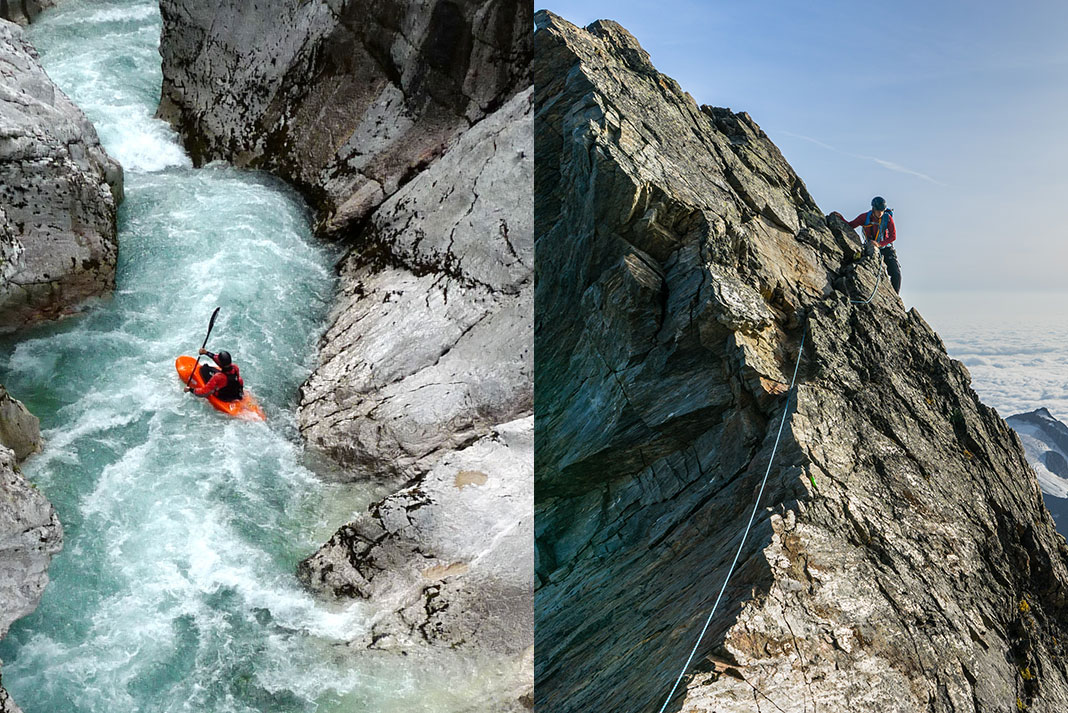 the extreme sports of whitewater kayaking in a gorge versus climbing a mountain peak