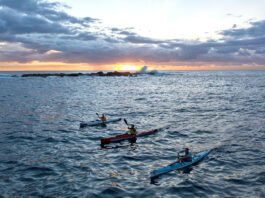 three sea kayakers paddle across the Bass Strait at dusk