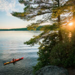 touring kayaker paddles past a pine tree silhouetted by the sun on a calm lake