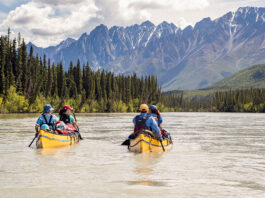 two yellow canoes paddle along the Nahanni River