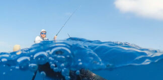 man fishes for a sailfish which swims in the blue water
