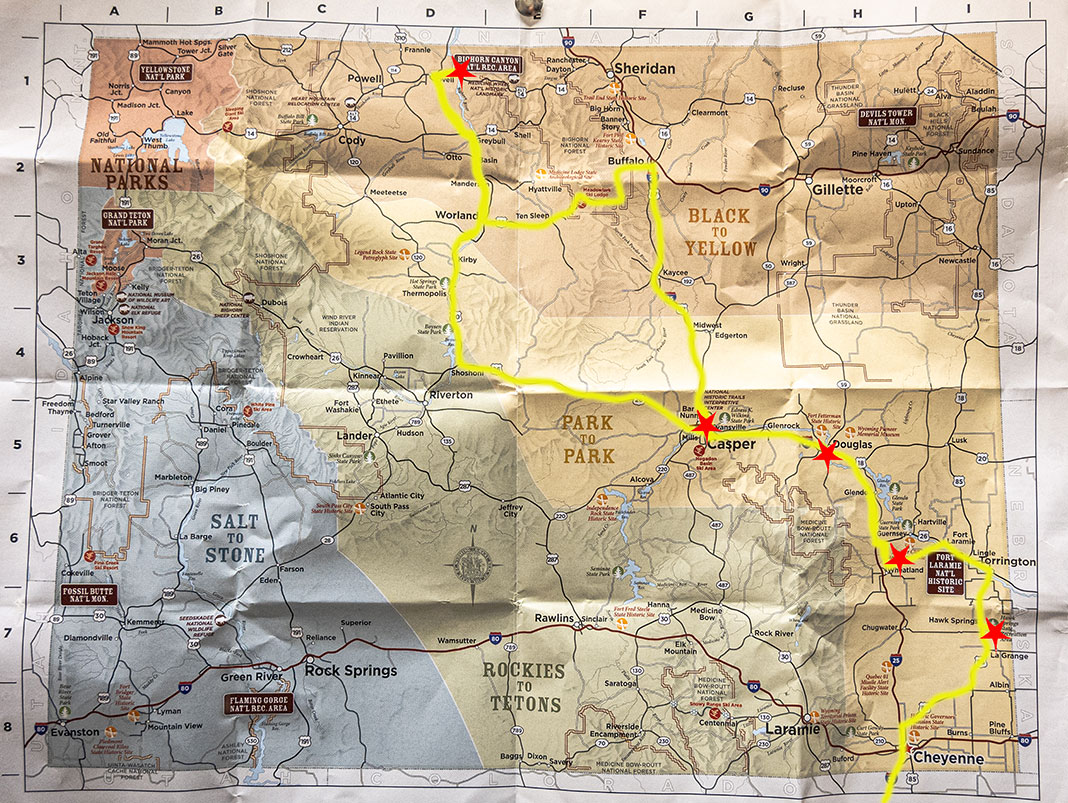 map of fishing trip through Wyoming