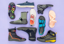 a selection of water shoes, sneakers, sandals and booties on a purple background