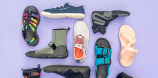 a selection of water shoes, sneakers, sandals and booties on a purple background
