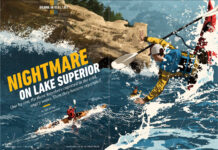 Magazine spread featuring illustration showing sea kayaks caught in a storm.
