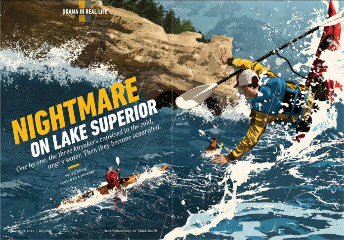 Magazine spread featuring illustration showing sea kayaks caught in a storm.