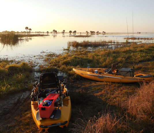 two fishing kayaks sit on the bank at Fellsmere Reservoir, Florida