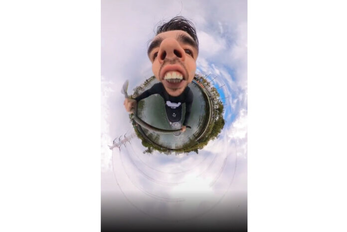 Still image of kayaker from 360-camera TikTok video.