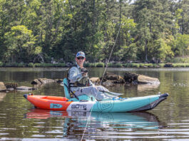 man sits and casts from the inflatable BOTE Zeppelin Aero 10 fishing kayak
