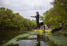 woman stands and casts from a fishing kayak equipped with a brushless motor