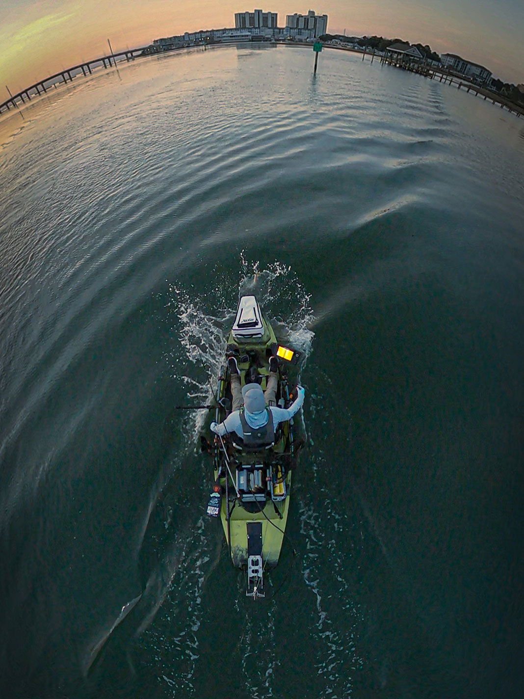 overhead view of a fishing kayak propelled by a brushless motor