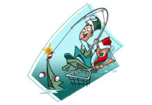 illustration of two anglers in Christmas gear hooking and reeling in a recycled christmas tree from the water