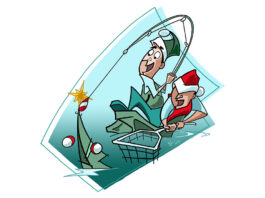 illustration of two anglers in Christmas gear hooking and reeling in a recycled christmas tree from the water