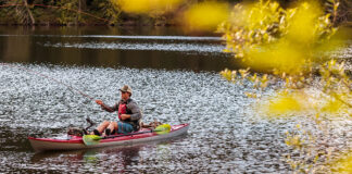 kayak angler fly fishes with yellow foliage in the foreground