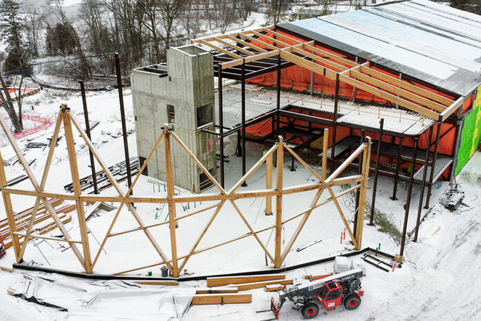 Building under construction and covered in snow