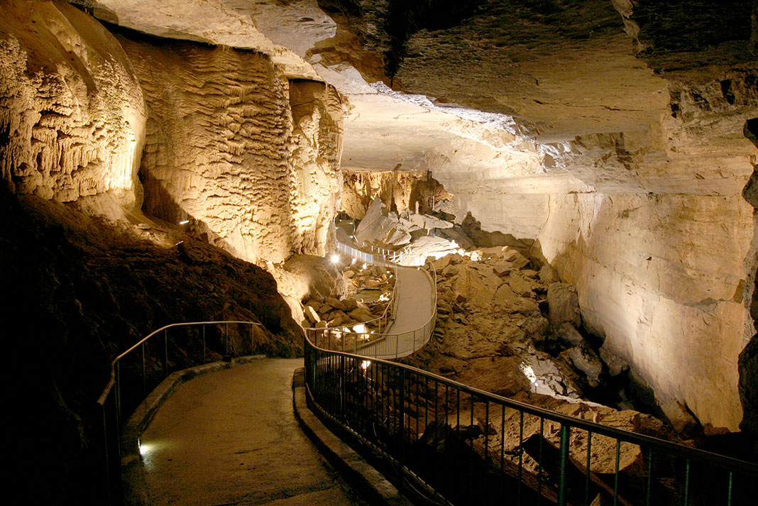 Interior of a cavern, with cement walkway 