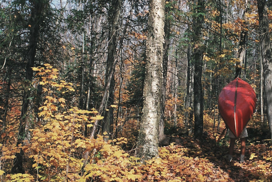 person solo portages a red canoe through the fall forest of Algonquin Park