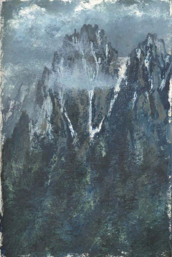 Bill Mason painting of grey, steep mountain slopes with some snow
