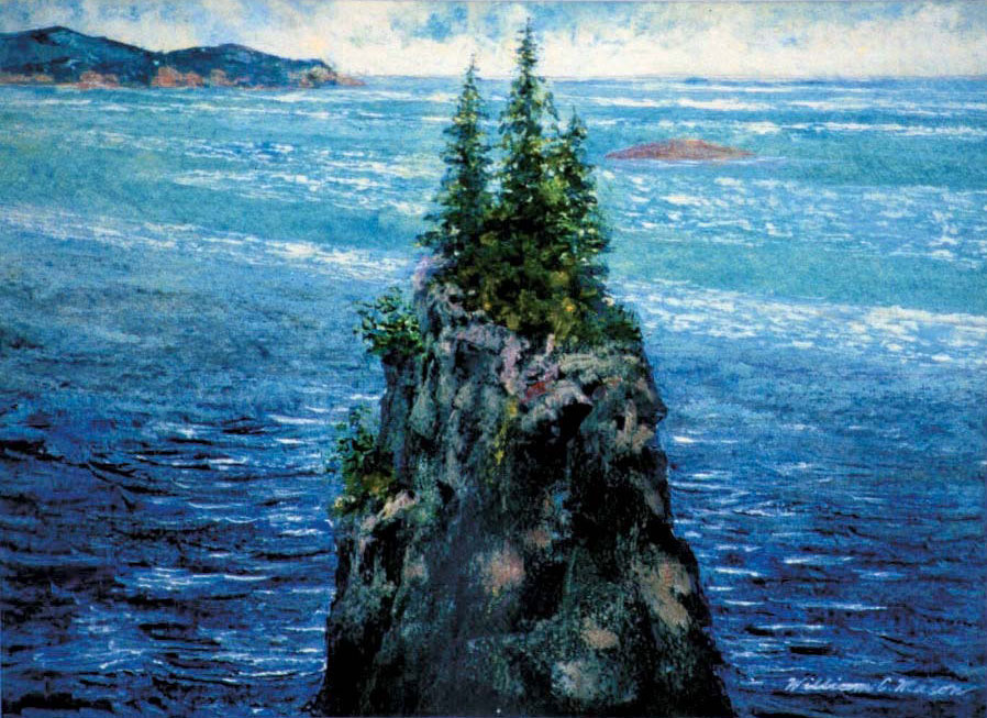 Bill Mason painting of treed rock spire in front of water