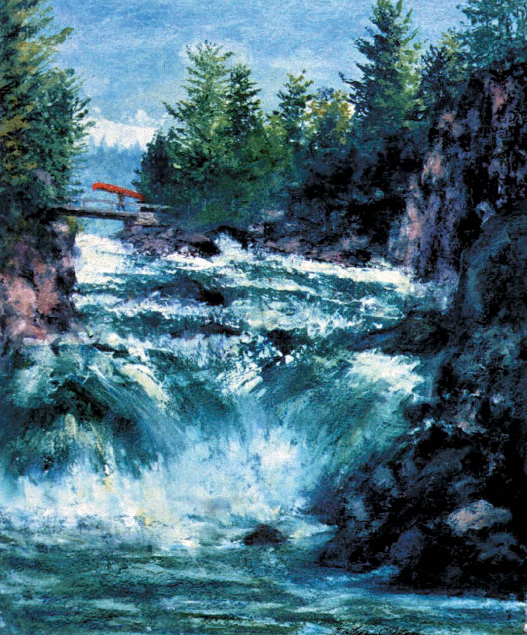 Bill Mason painting of a waterfall with portaging canoeist