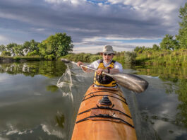 man paddles a build-your-own wooden kayak