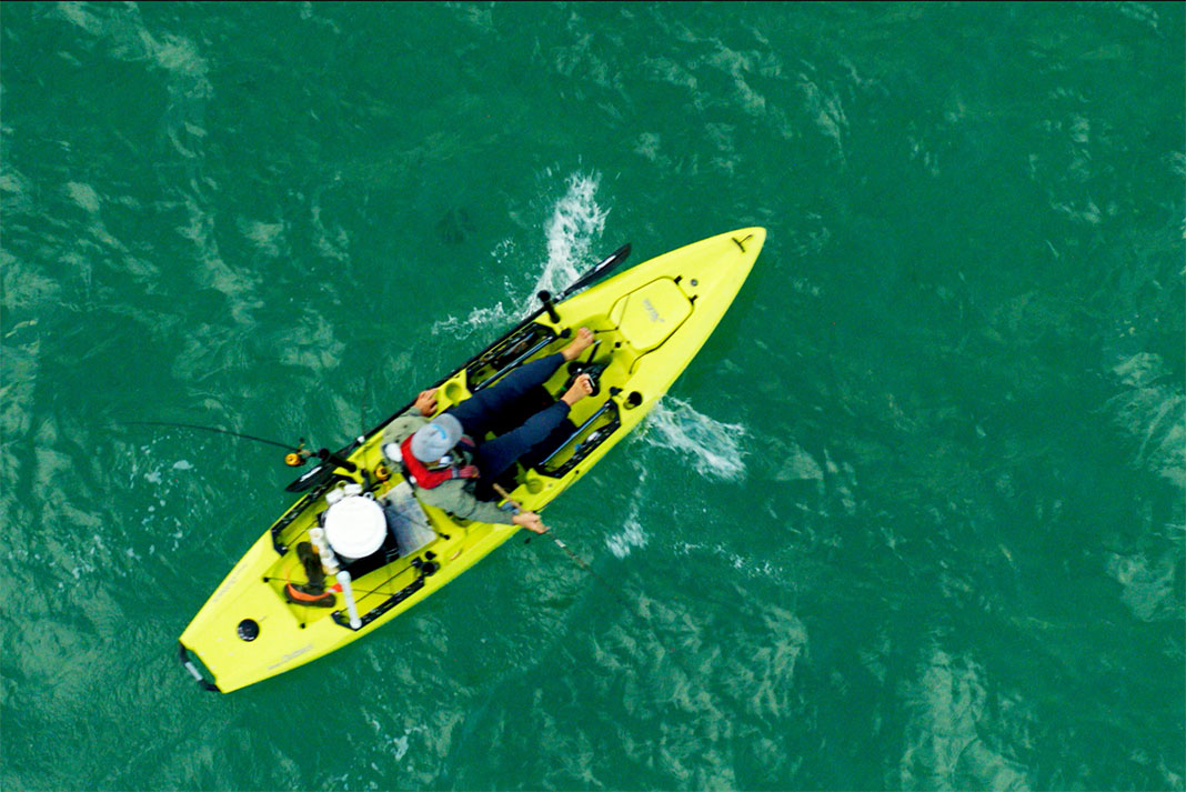 Overhead view of a kayak from Flotsam offshore kayak fishing film