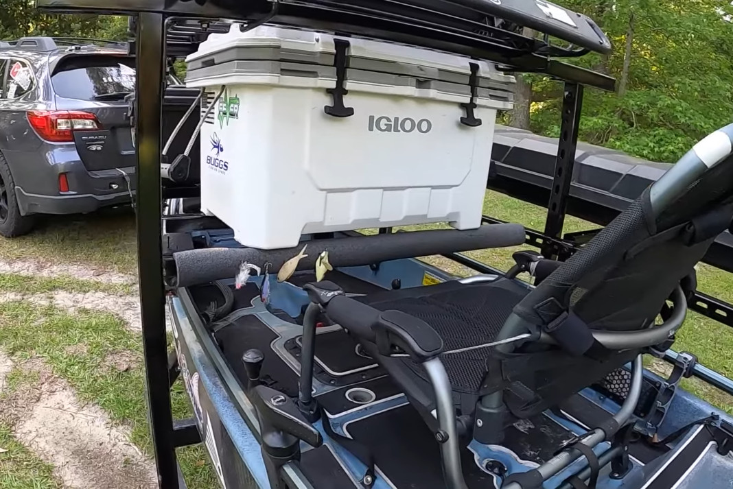 Back of fishing kayak on DIY trailer