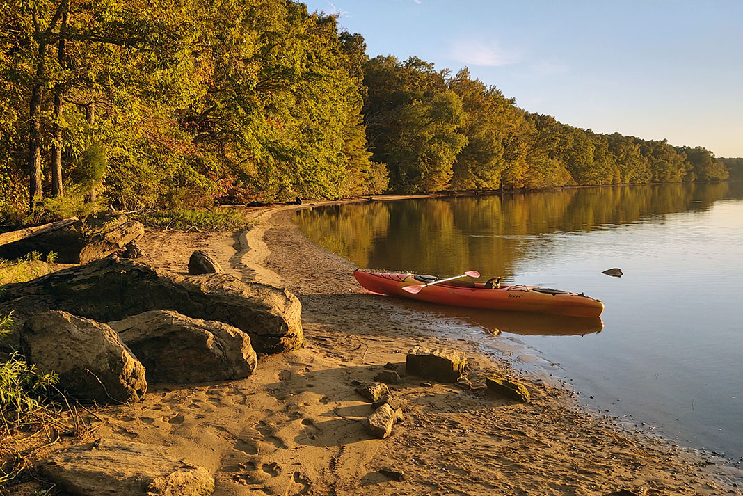 Kayak pulled up on sandy shore with trees in background.