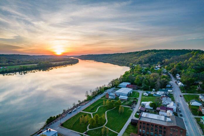 aerial view of a calm river in Ohio at dusk