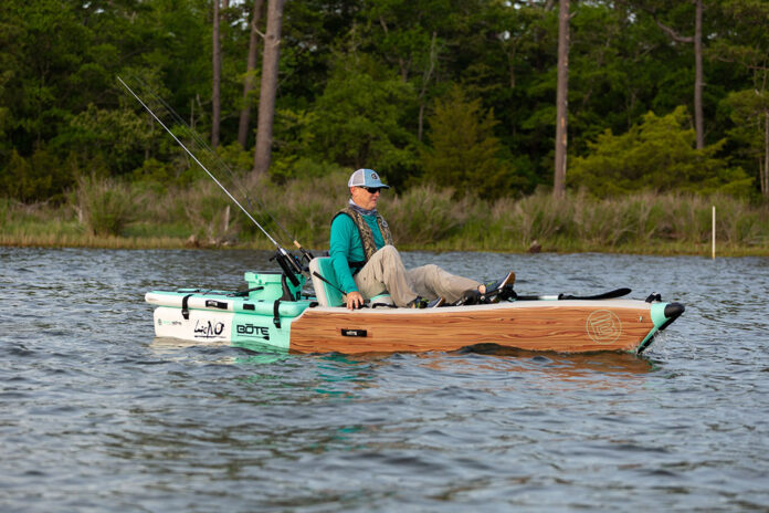 man pedals the BOTE LONO Aero Apex inflatable pedal kayak