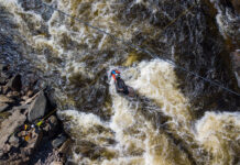 overhead shot of a group of whitewater paddlers performing a complex rescue aided by a thorough knowledge of knots