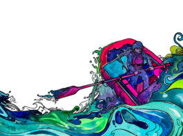 colorful illustration of a woman rowing a raft through whitewater
