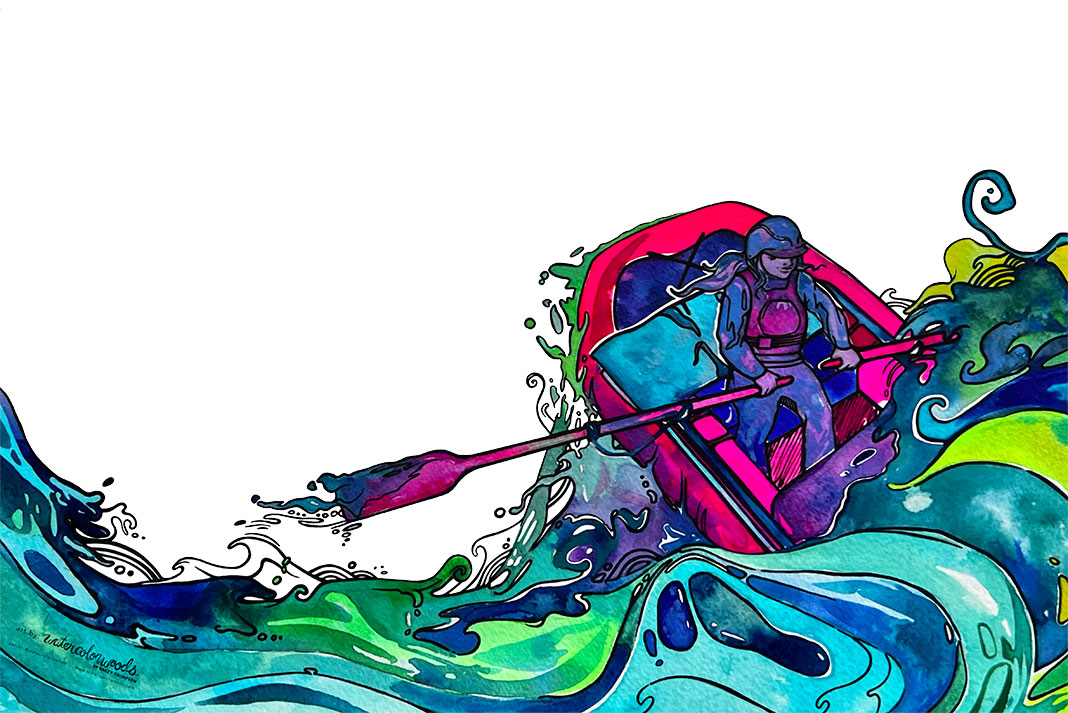colorful illustration of a woman rowing a raft through whitewater