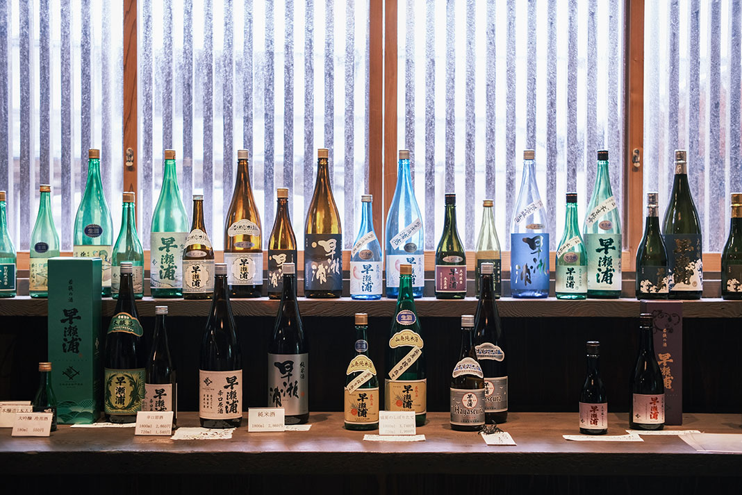 selection of bottles at the Miyake Hikouemon Brewery