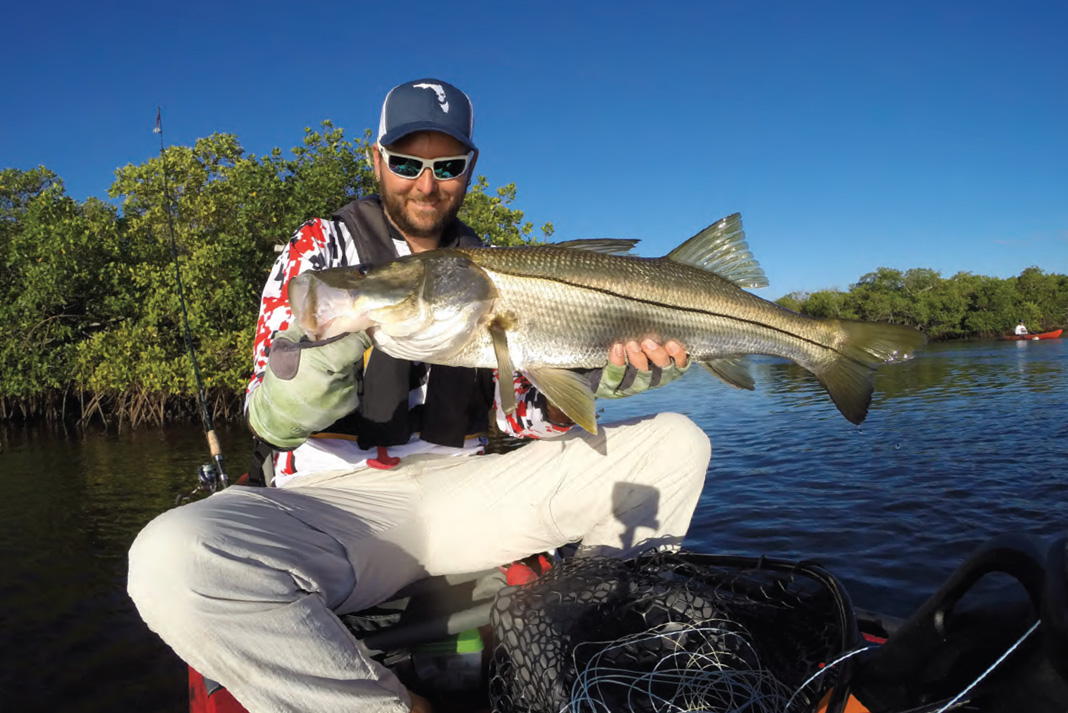 kayak angler holds up a large snook caught with artificial shrimp bait