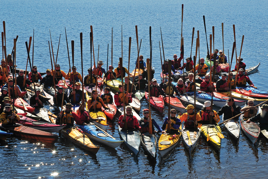 a group of sea kayakers hold up their Greenland paddles