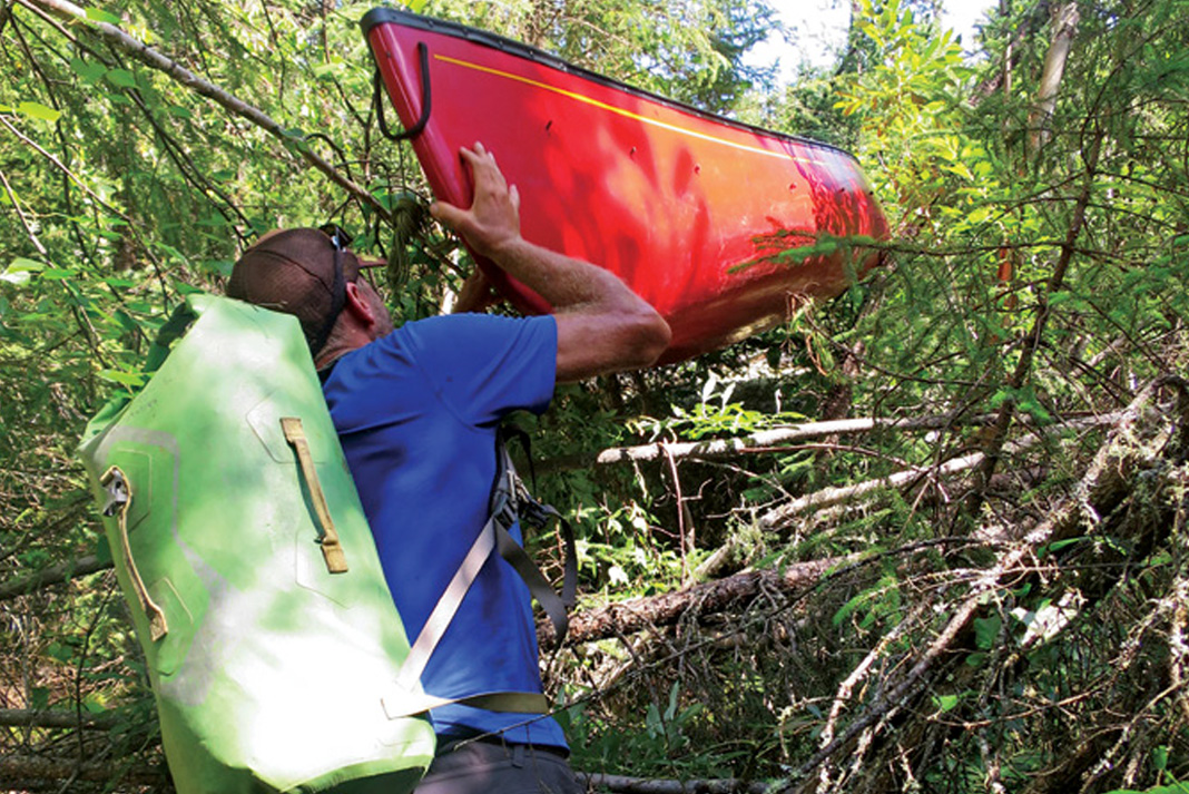 man raises and pushes canoe through tangle of branches