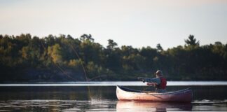 An angler fishes from a canoe in Algonquin Park