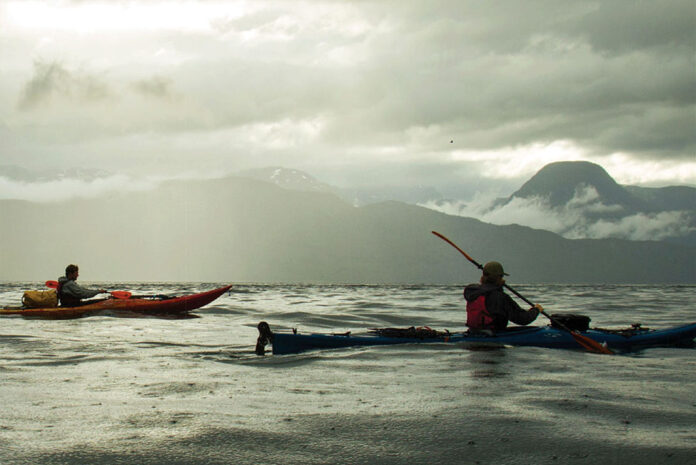 paddlers on the rain-pocked waters off the Great Bear Rainforest