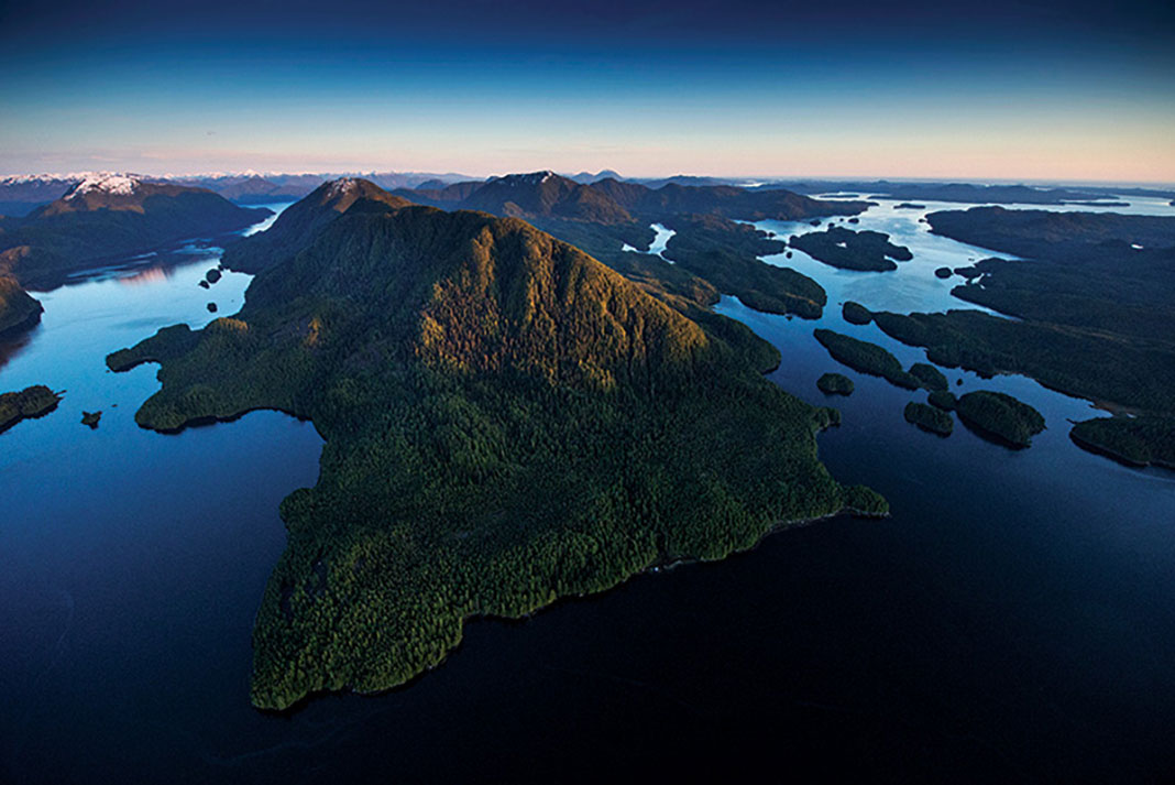 aerial photo of the extensive mountains and waters of the Great Bear Rainforest
