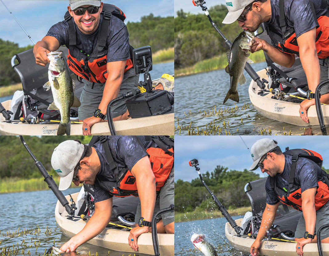 kayak angler tries to kiss fish he caught but it splashes him afterward