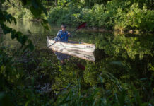 woman paddling the Stellar Kayaks Dragonfly canoe along a leafy, still river